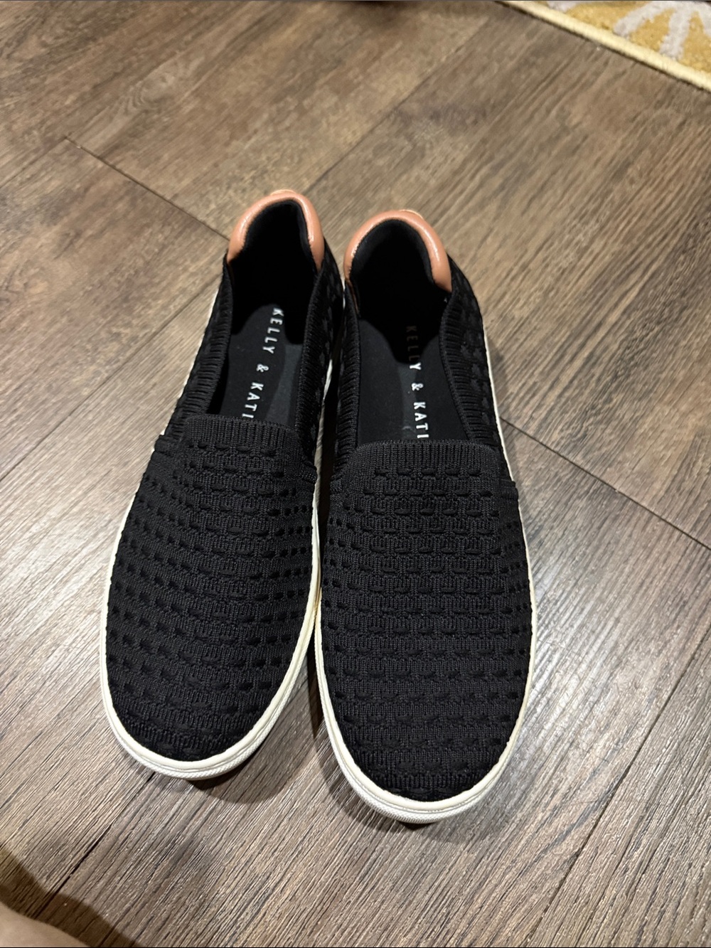 Kelly & Katie Black Knit Slip-On Sneakers with Tan Heel Tab
